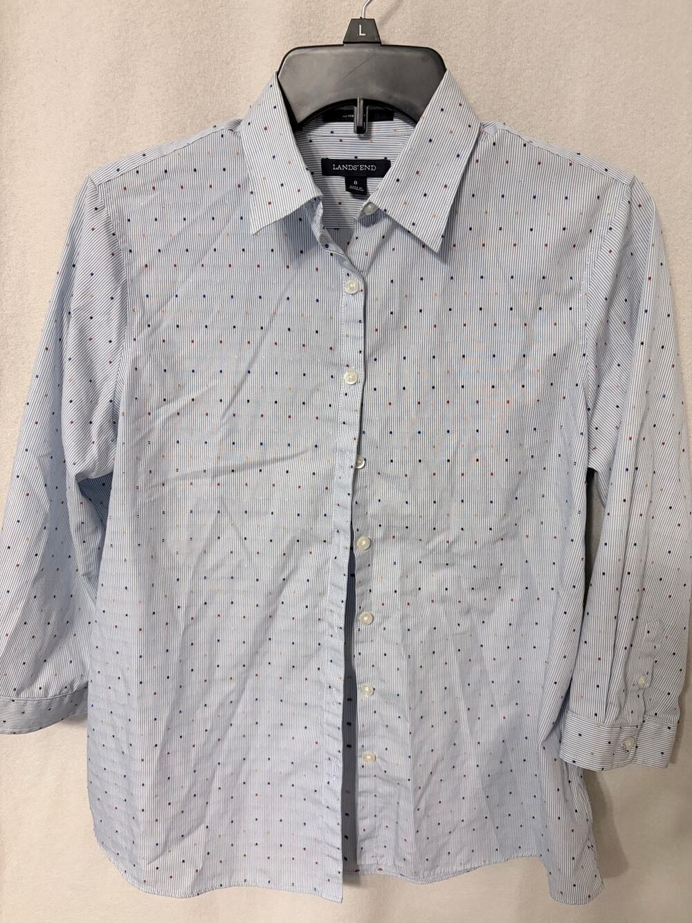 Lands' End Blue White Striped Multi Polka Dot 3/4 Sleeve No Iron Shirt